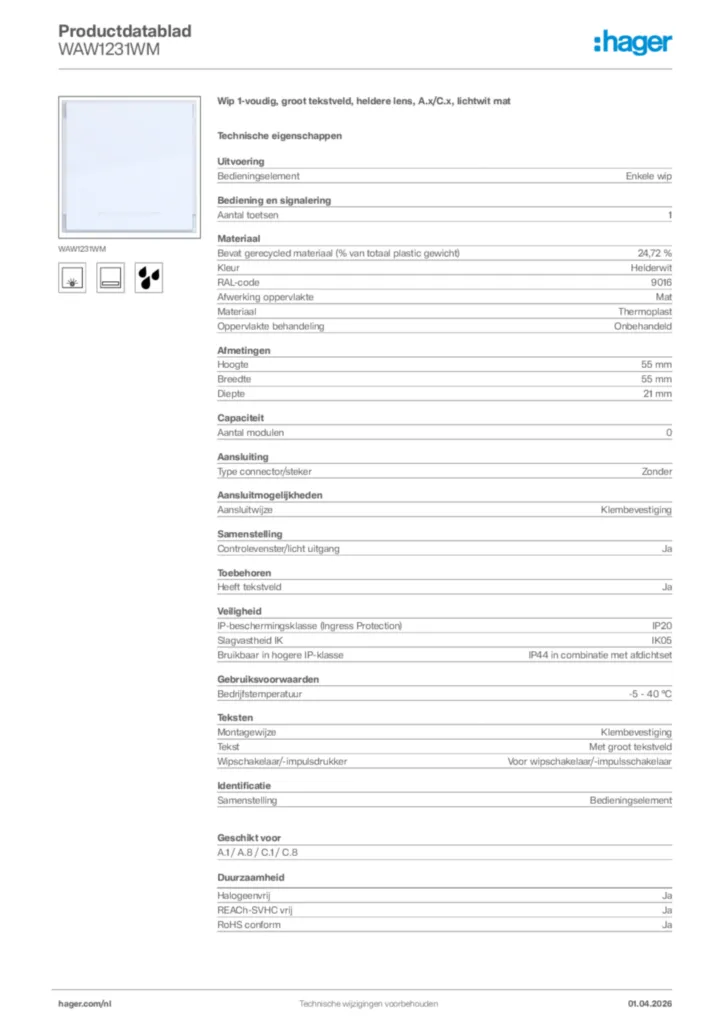 Afbeelding Hager Productdatablad WAW1231WM | Hager Nederland