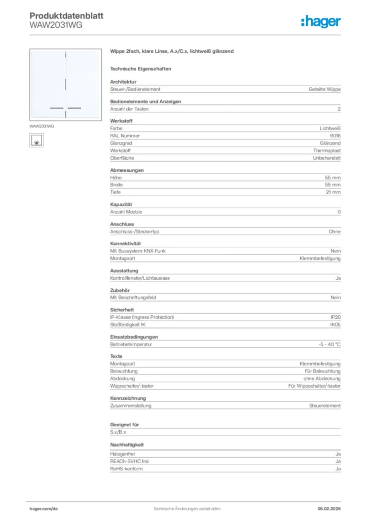 Bild Hager Produktdatenblatt WAW2031WG | Hager Deutschland