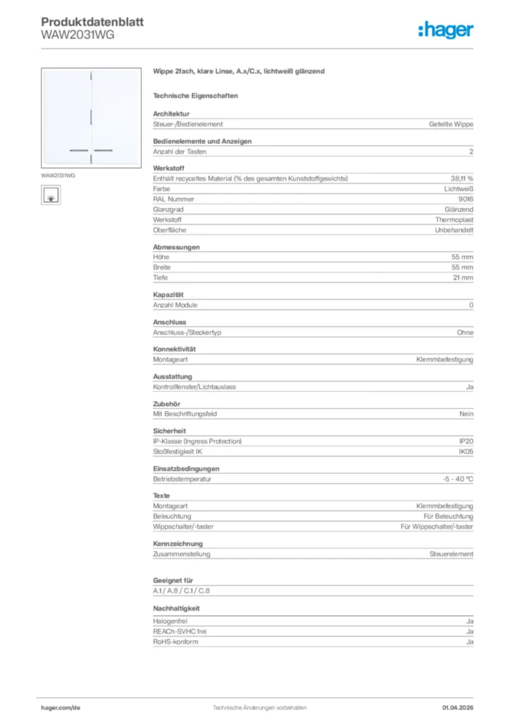 Bild Hager Produktdatenblatt WAW2031WG | Hager Deutschland