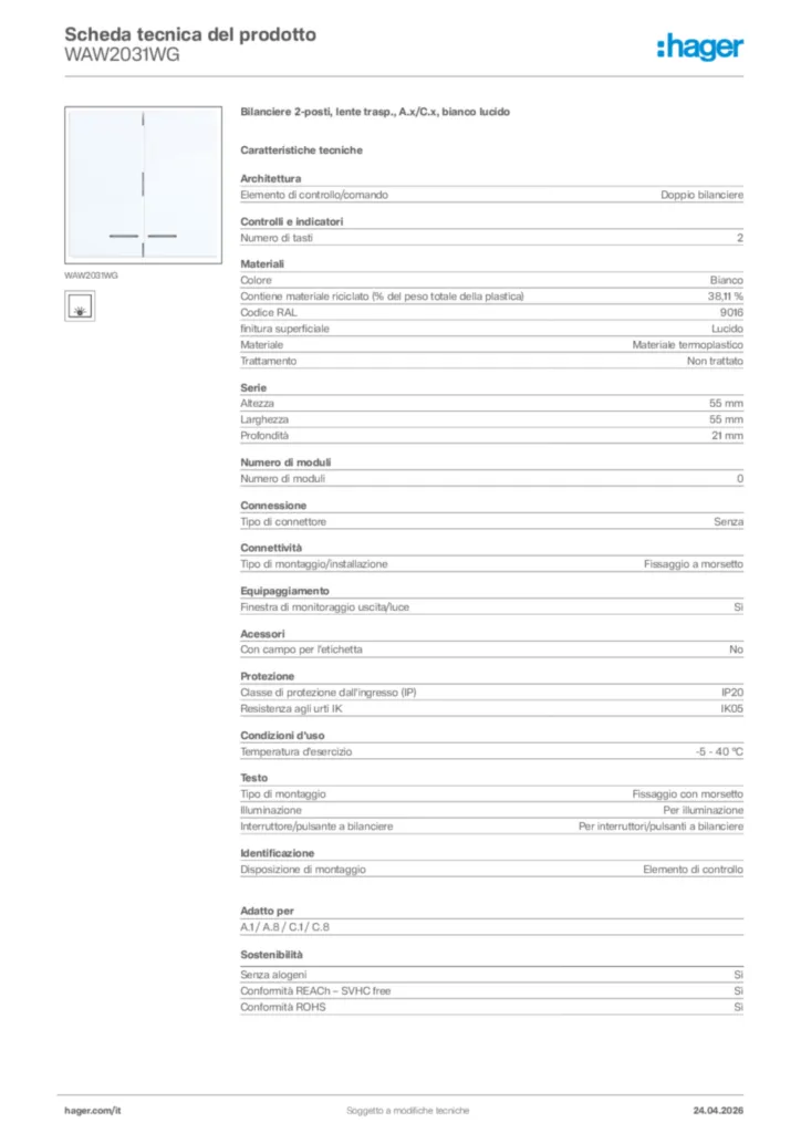 Immagine Hager Scheda tecnica del prodotto WAW2031WG | Hager Italia