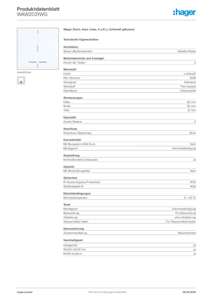 Bild Hager Produktdatenblatt WAW2031WG | Hager Deutschland