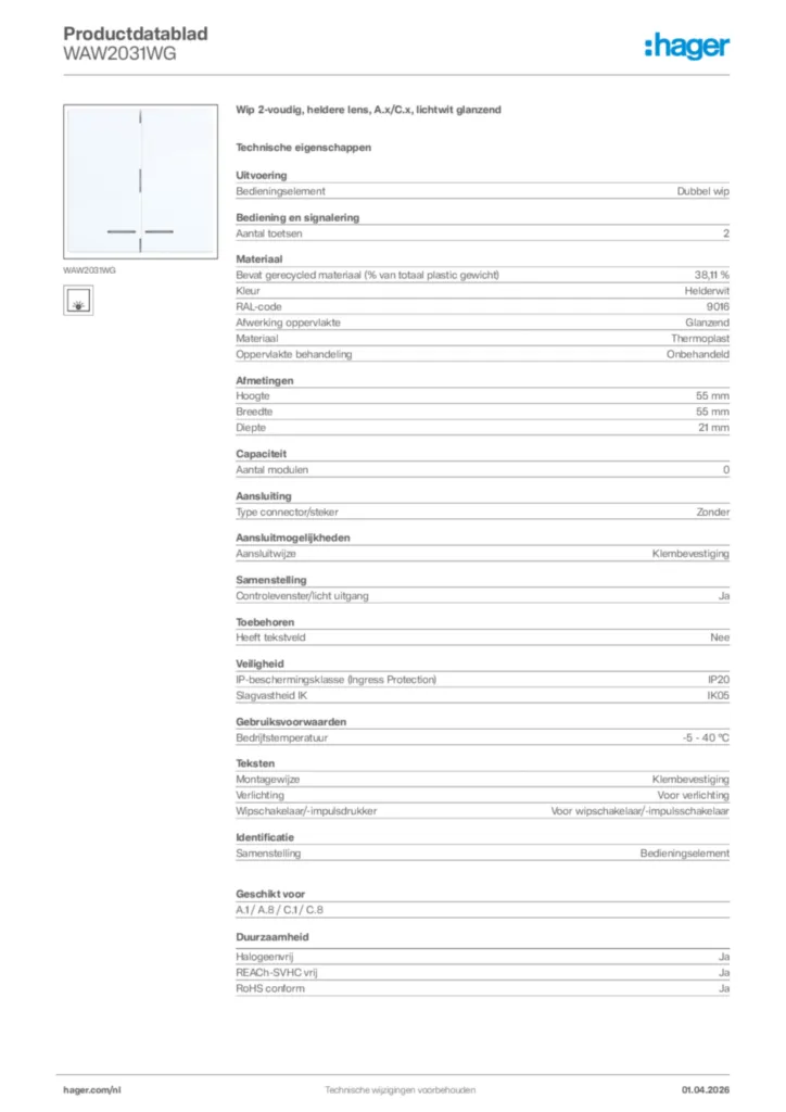 Afbeelding Hager Productdatablad WAW2031WG | Hager Nederland