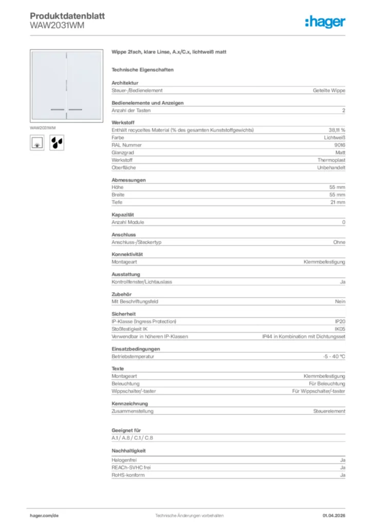 Bild Hager Produktdatenblatt WAW2031WM | Hager Deutschland