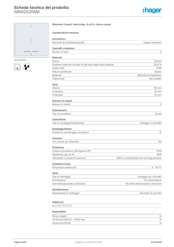 Immagine Hager Scheda tecnica del prodotto WAW2031WM | Hager Italia