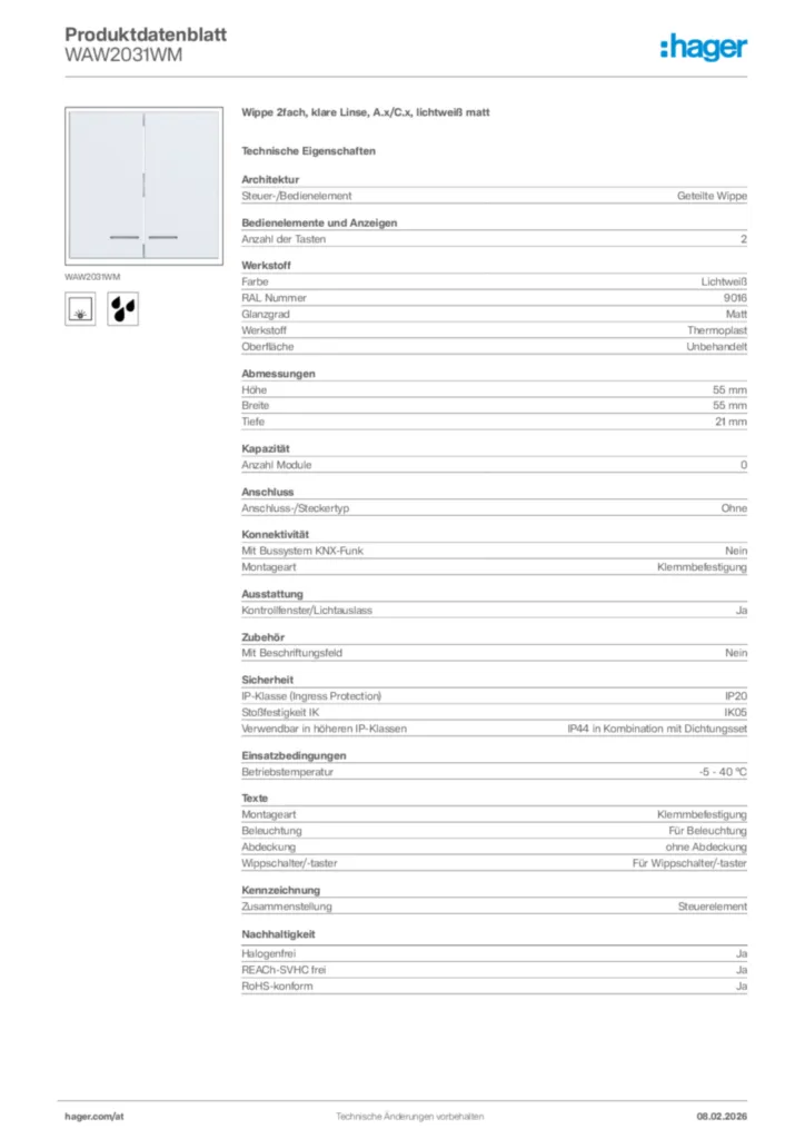 Bild Hager Produktdatenblatt WAW2031WM | Hager Deutschland