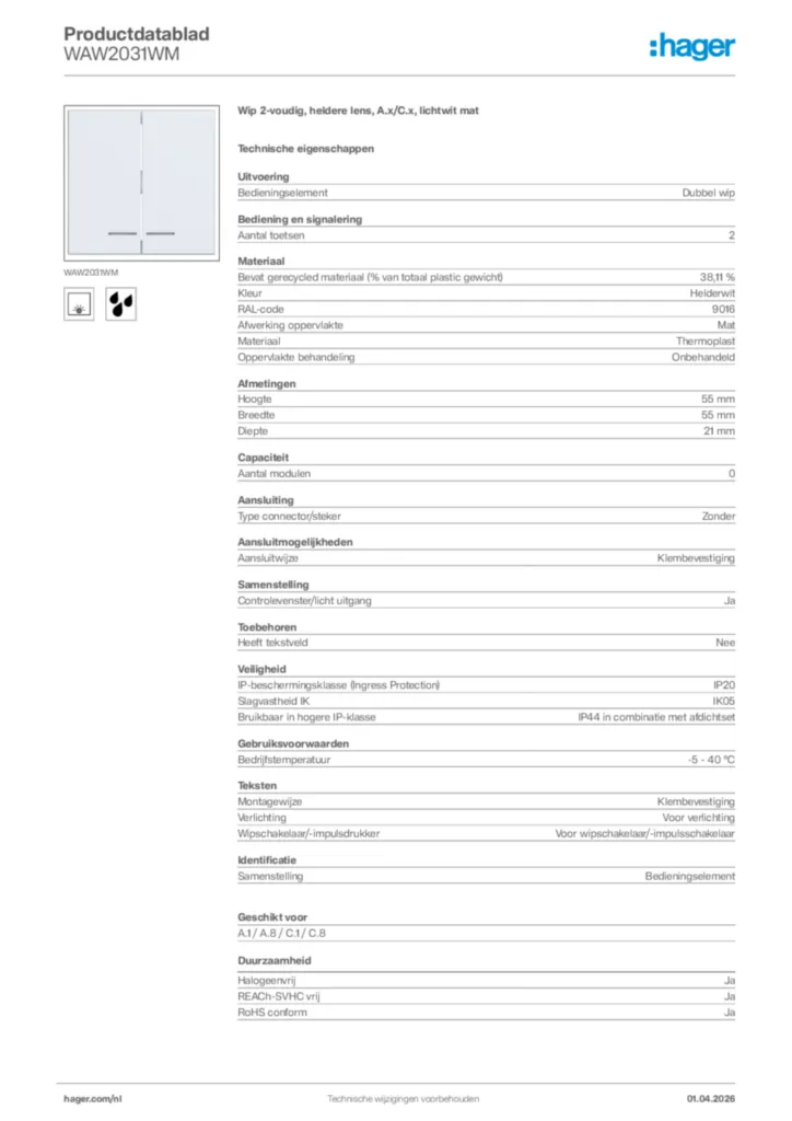 Afbeelding Hager Productdatablad WAW2031WM | Hager Nederland