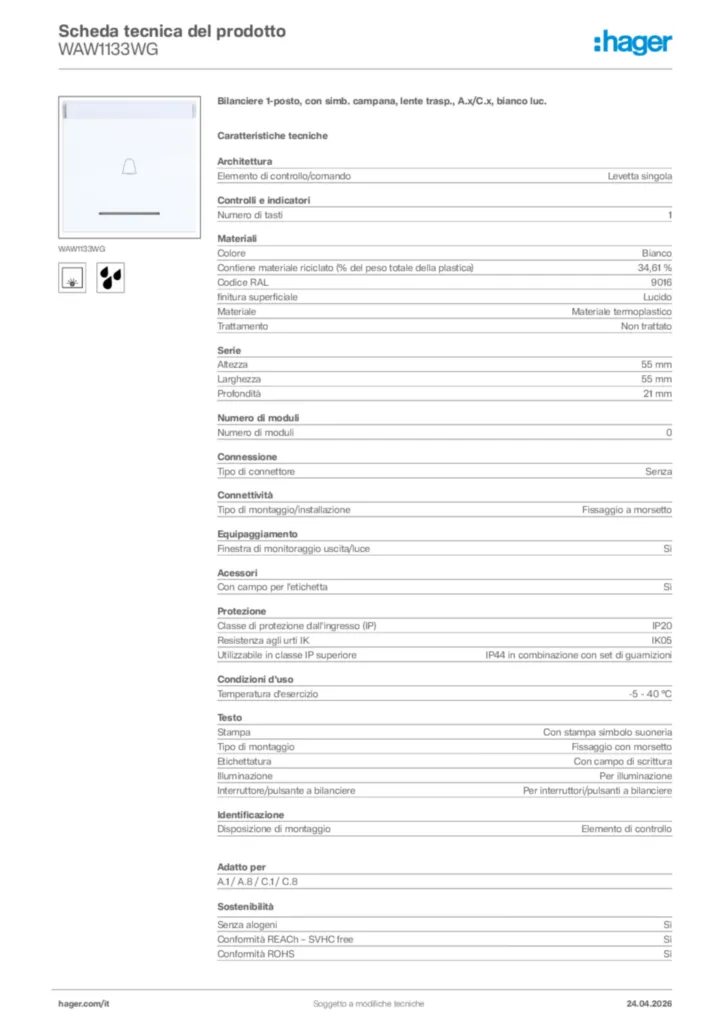 Immagine Hager Scheda tecnica del prodotto WAW1133WG | Hager Italia