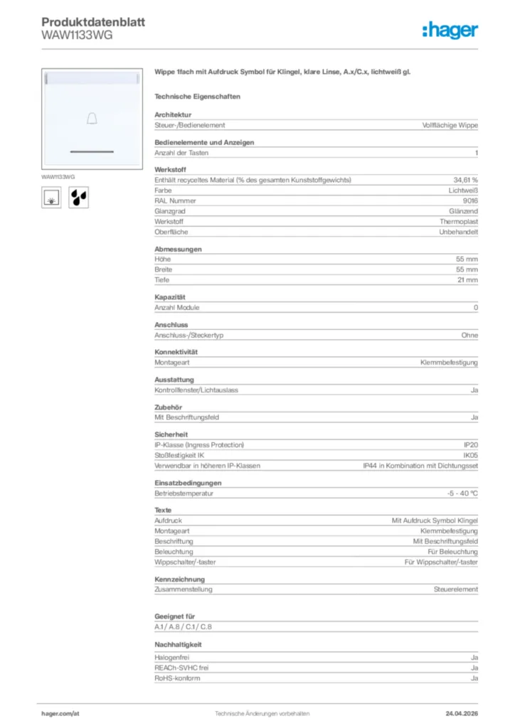 Bild Hager Produktdatenblatt WAW1133WG | Hager Deutschland
