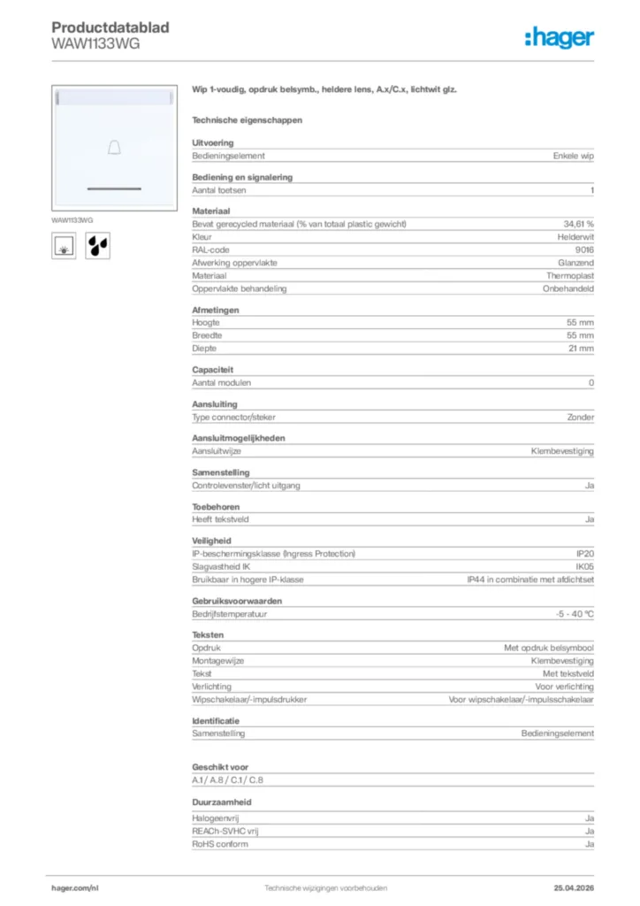 Afbeelding Hager Productdatablad WAW1133WG | Hager Nederland