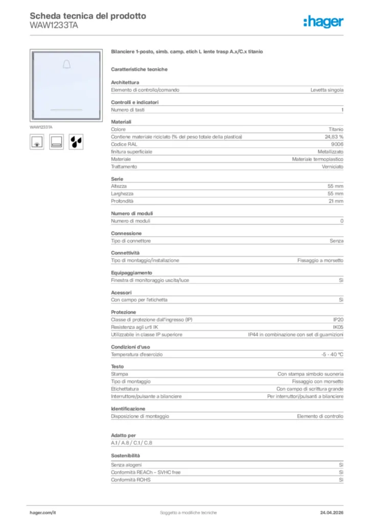 Immagine Hager Scheda tecnica del prodotto WAW1233TA | Hager Italia
