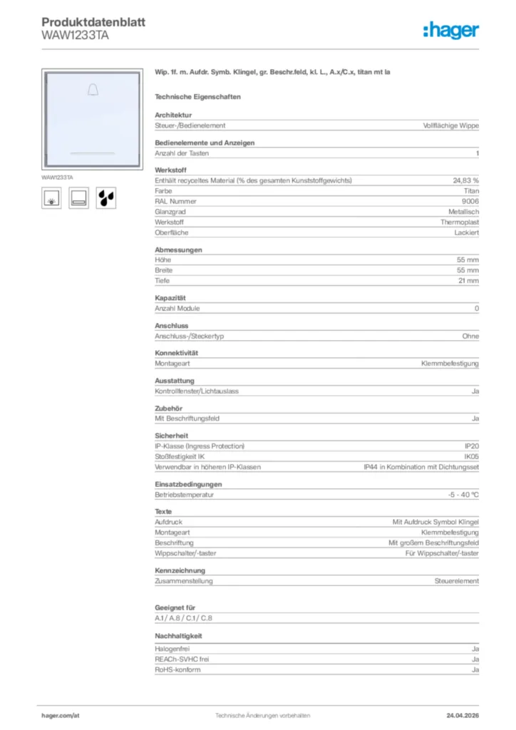 Bild Hager Produktdatenblatt WAW1233TA | Hager Deutschland