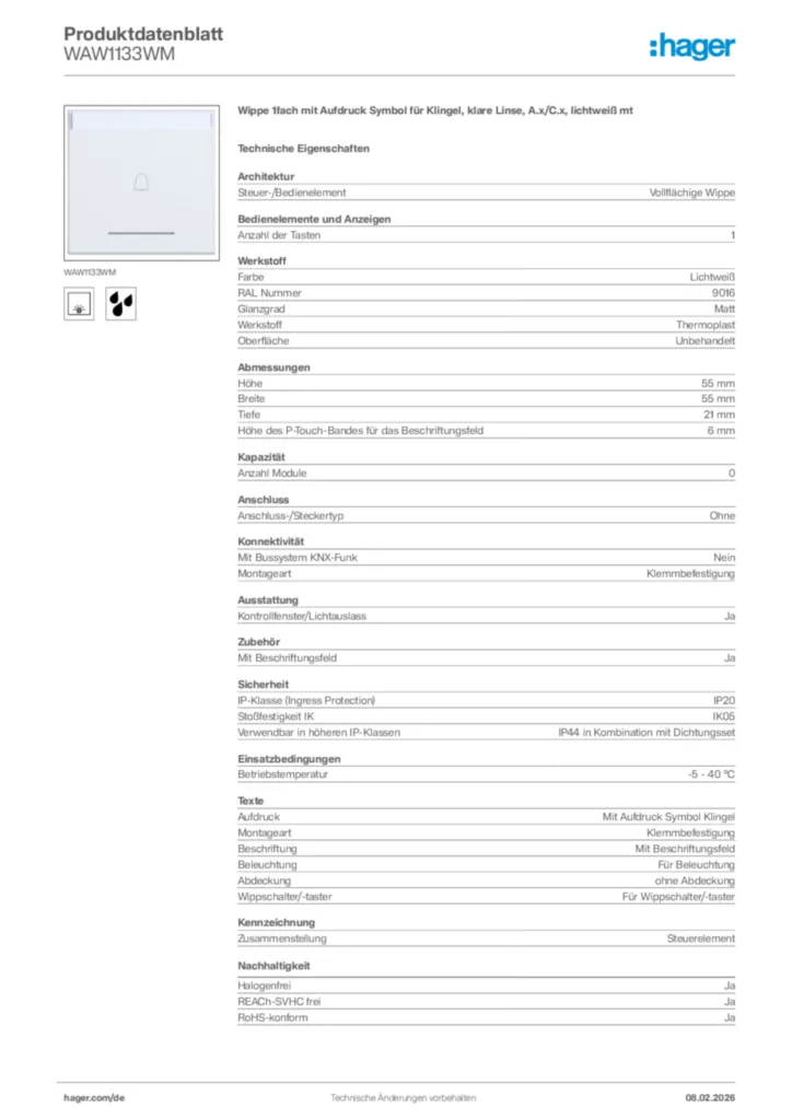 Bild Hager Produktdatenblatt WAW1133WM | Hager Deutschland