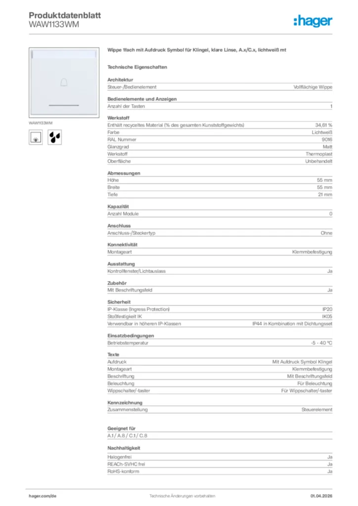 Bild Hager Produktdatenblatt WAW1133WM | Hager Deutschland