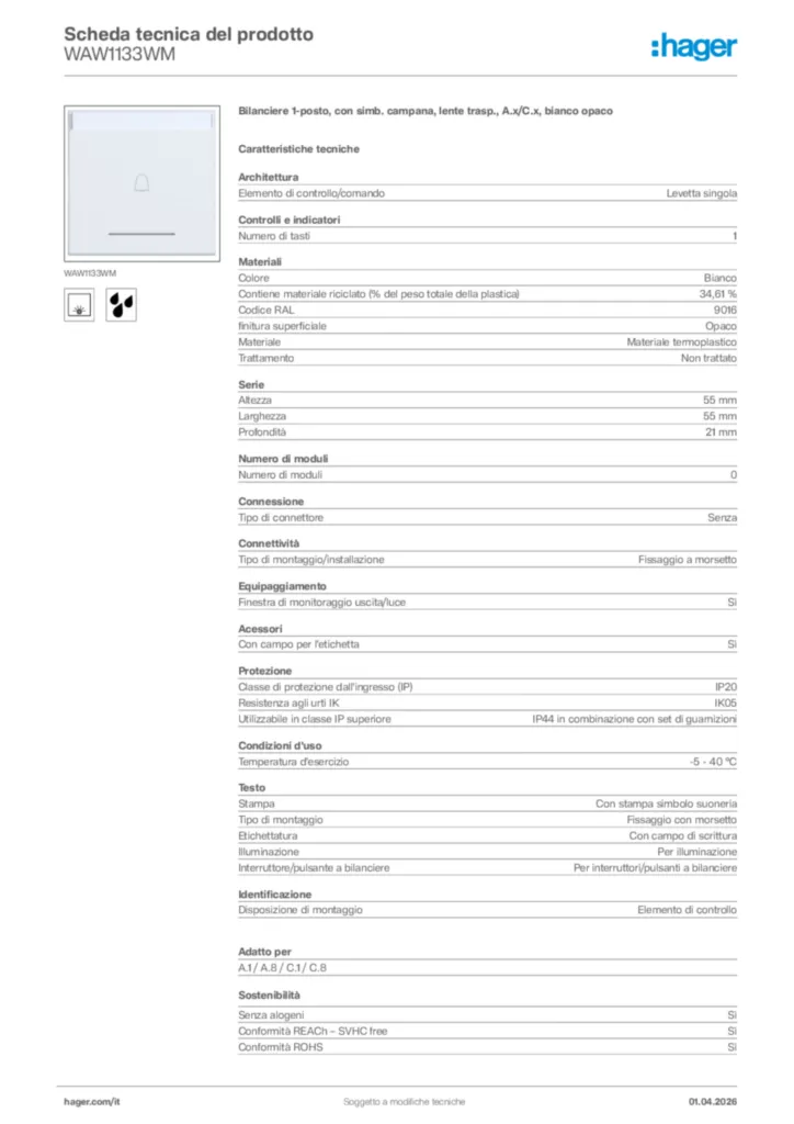 Immagine Hager Scheda tecnica del prodotto WAW1133WM | Hager Italia