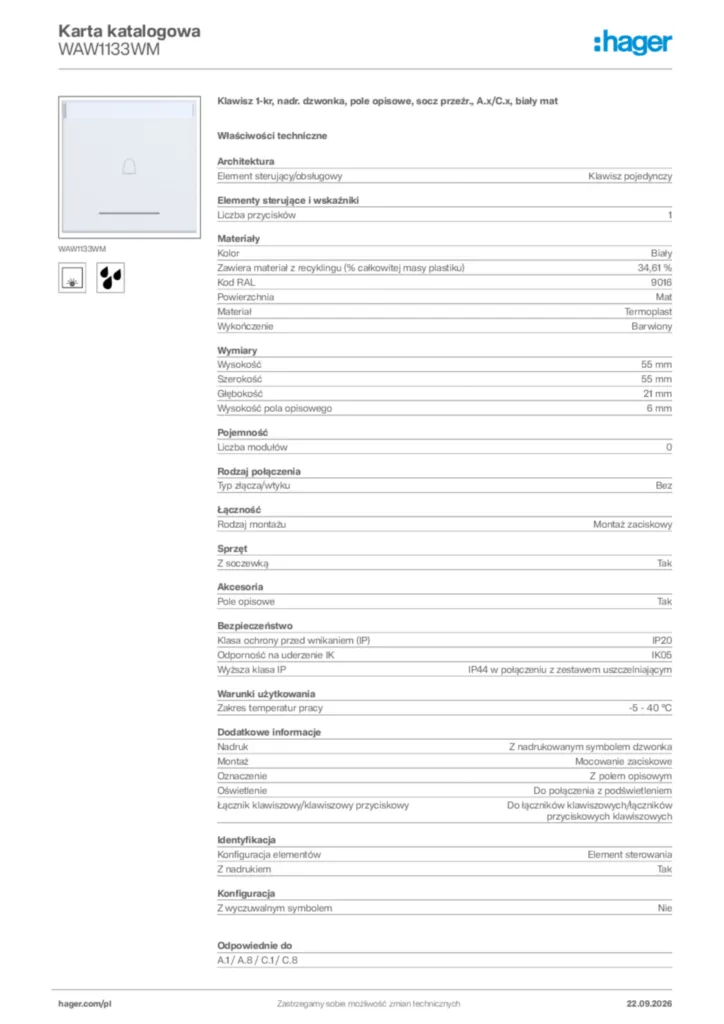 Zdjęcie Hager Karta katalogowa WAW1133WM | Hager Polska