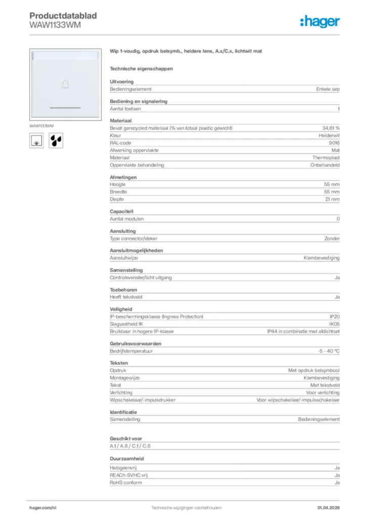 Afbeelding Hager Productdatablad WAW1133WM | Hager Nederland