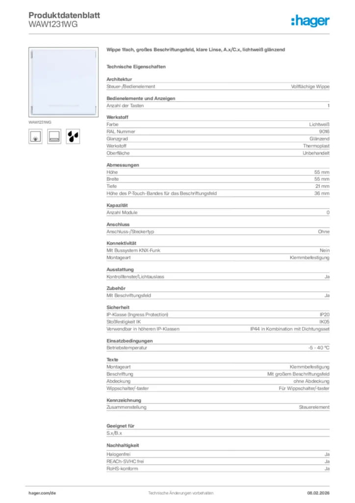 Bild Hager Produktdatenblatt WAW1231WG | Hager Deutschland