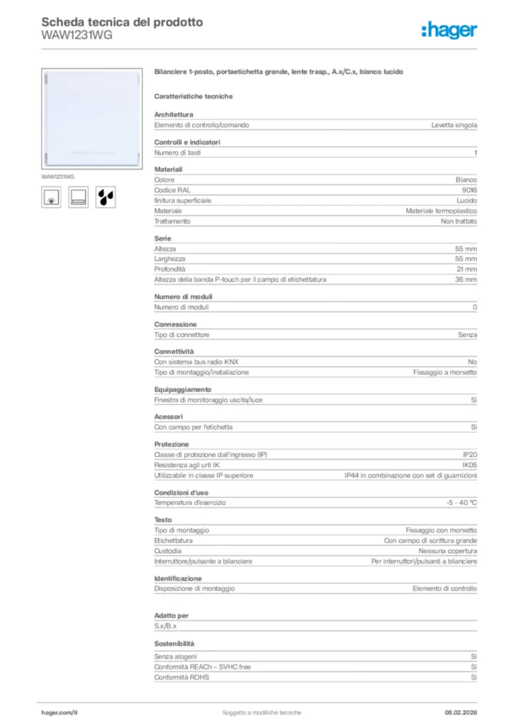 Immagine Hager Scheda tecnica del prodotto WAW1231WG | Hager Italia