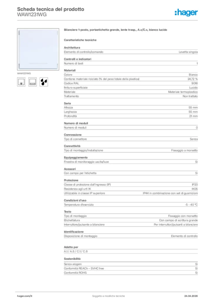 Immagine Hager Scheda tecnica del prodotto WAW1231WG | Hager Italia