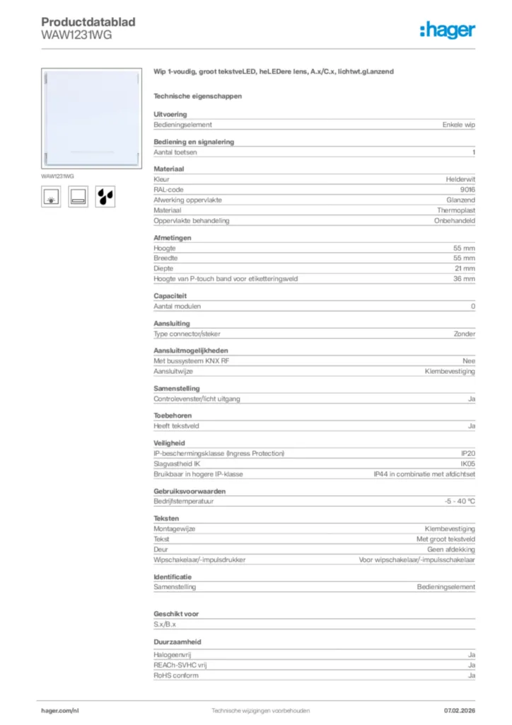 Afbeelding Hager Productdatablad WAW1231WG | Hager Nederland