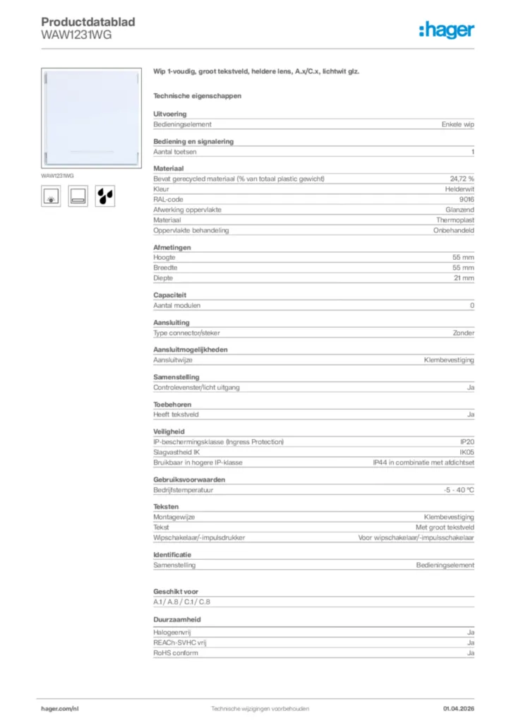 Afbeelding Hager Productdatablad WAW1231WG | Hager Nederland