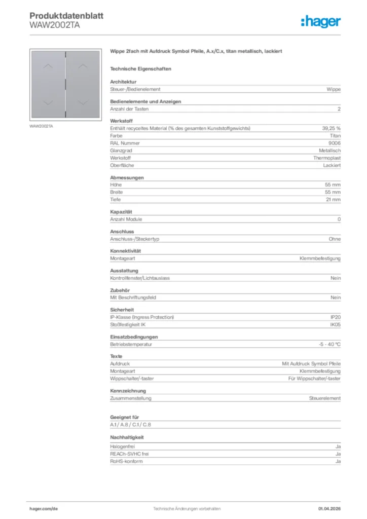 Bild Hager Produktdatenblatt WAW2002TA | Hager Deutschland