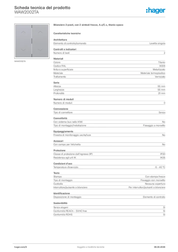 Immagine Hager Scheda tecnica del prodotto WAW2002TA | Hager Italia