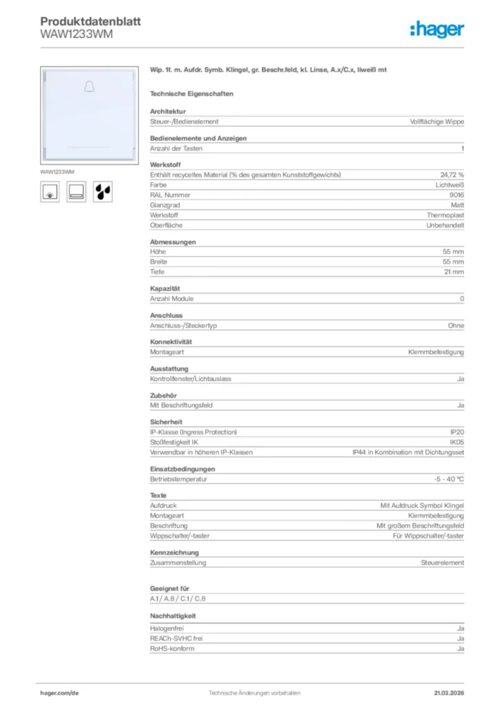 Bild Hager Produktdatenblatt WAW1233WM | Hager Deutschland