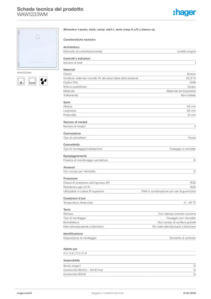 Immagine Hager Scheda tecnica del prodotto WAW1233WM | Hager Italia