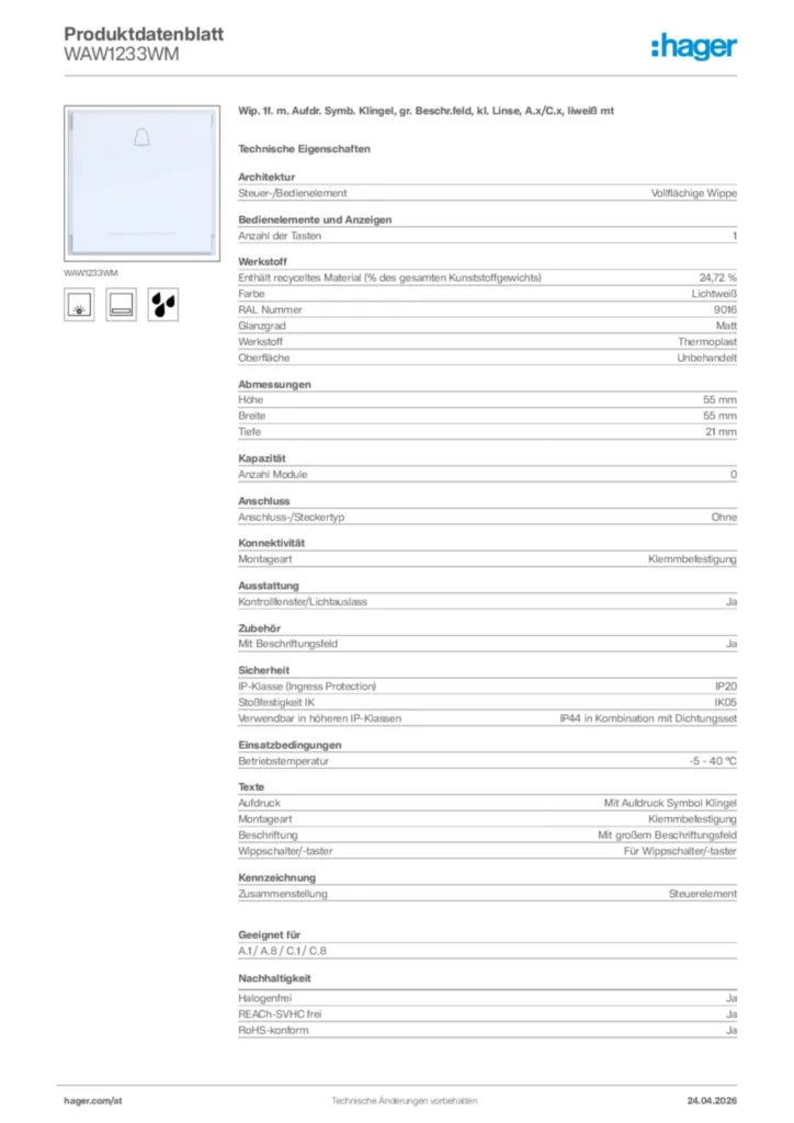 Bild Hager Produktdatenblatt WAW1233WM | Hager Deutschland