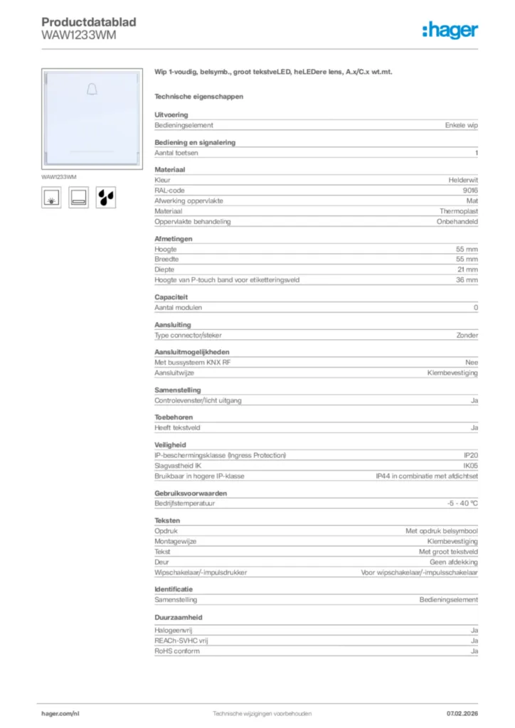 Afbeelding Hager Productdatablad WAW1233WM | Hager Nederland