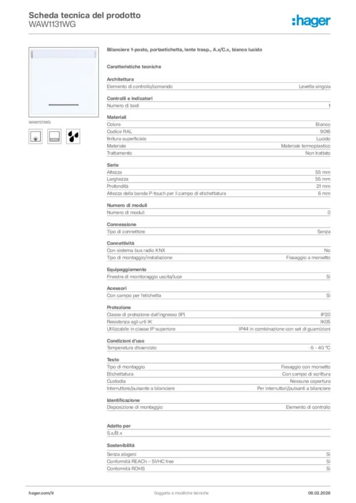 Immagine Hager Scheda tecnica del prodotto WAW1131WG | Hager Italia