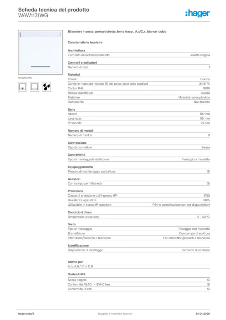 Immagine Hager Scheda tecnica del prodotto WAW1131WG | Hager Italia