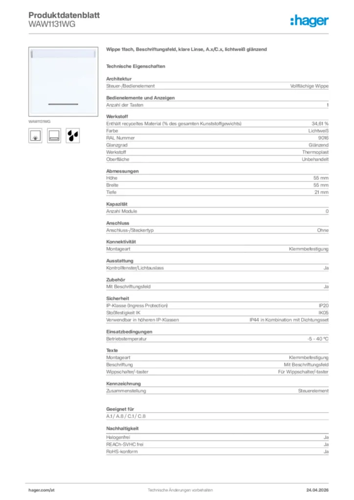 Bild Hager Produktdatenblatt WAW1131WG | Hager Deutschland