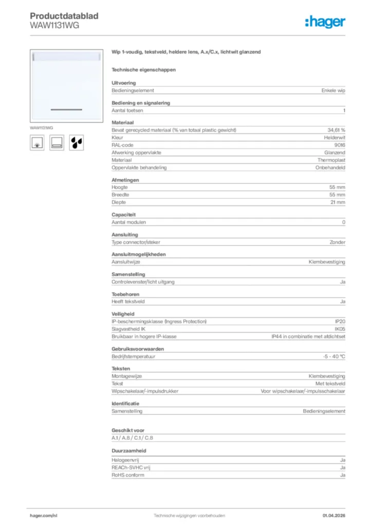 Afbeelding Hager Productdatablad WAW1131WG | Hager Nederland