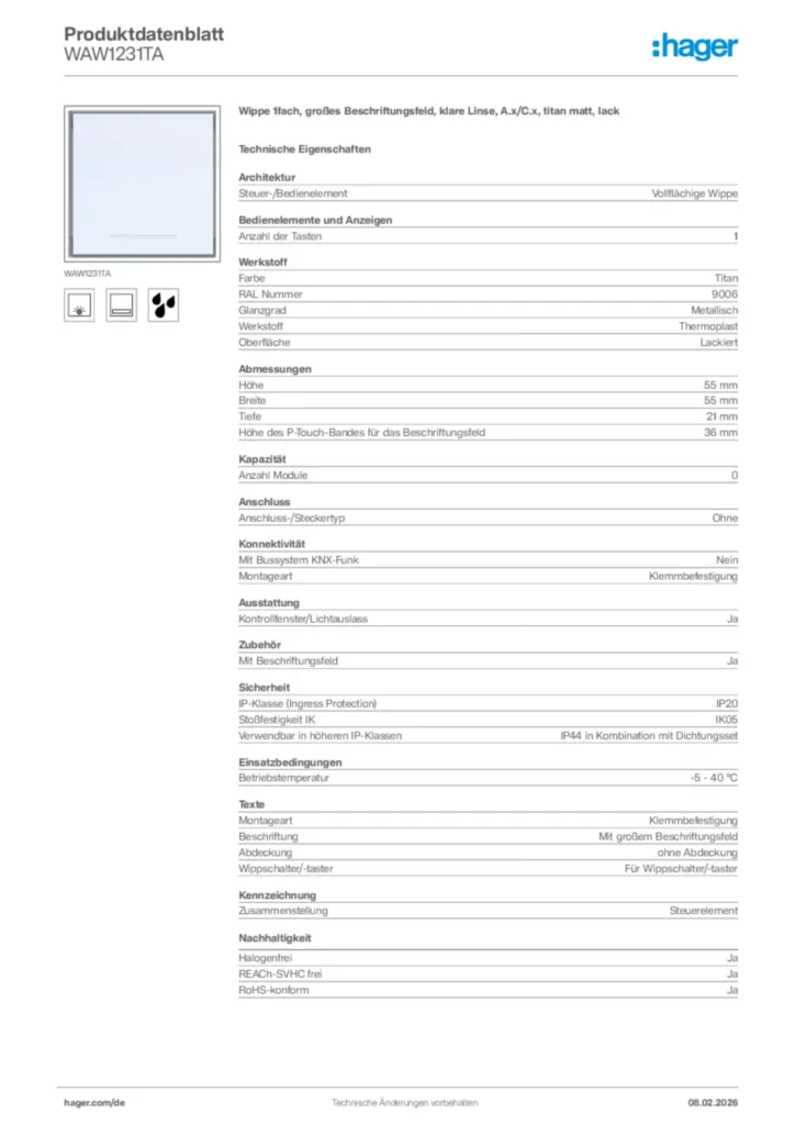 Bild Hager Produktdatenblatt WAW1231TA | Hager Deutschland