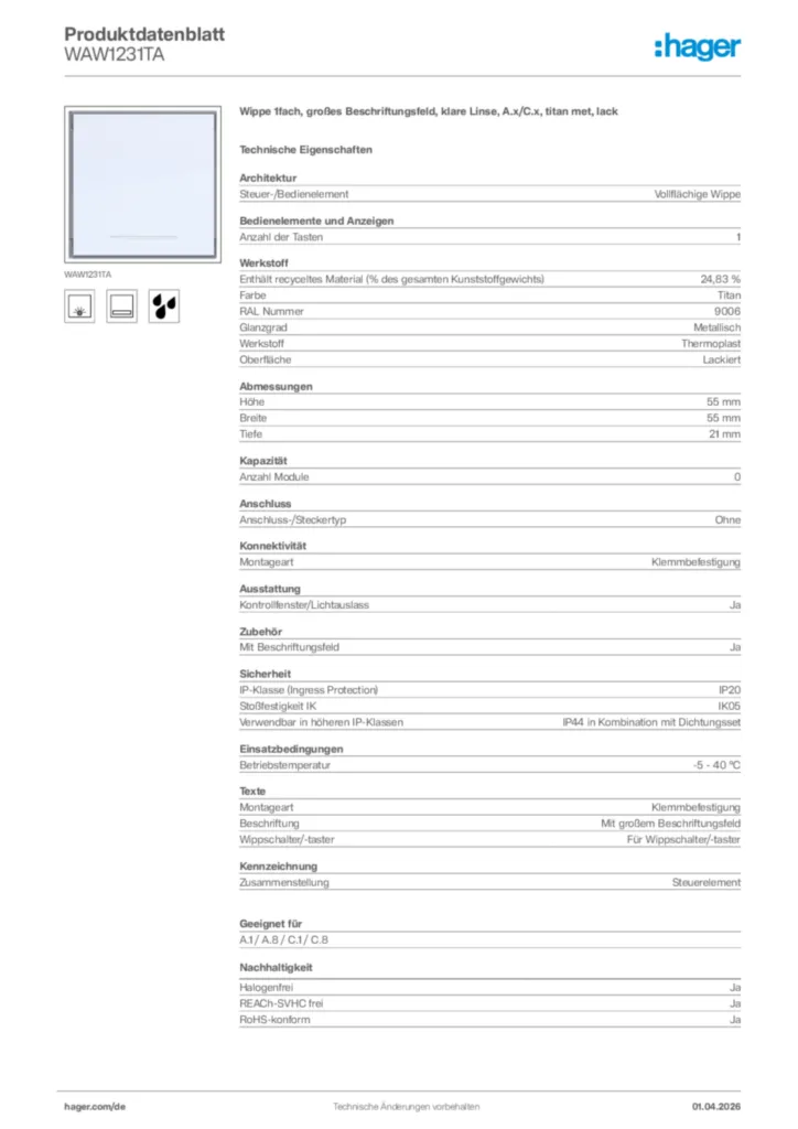 Bild Hager Produktdatenblatt WAW1231TA | Hager Deutschland