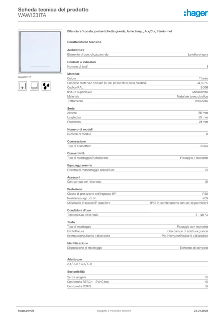 Immagine Hager Scheda tecnica del prodotto WAW1231TA | Hager Italia