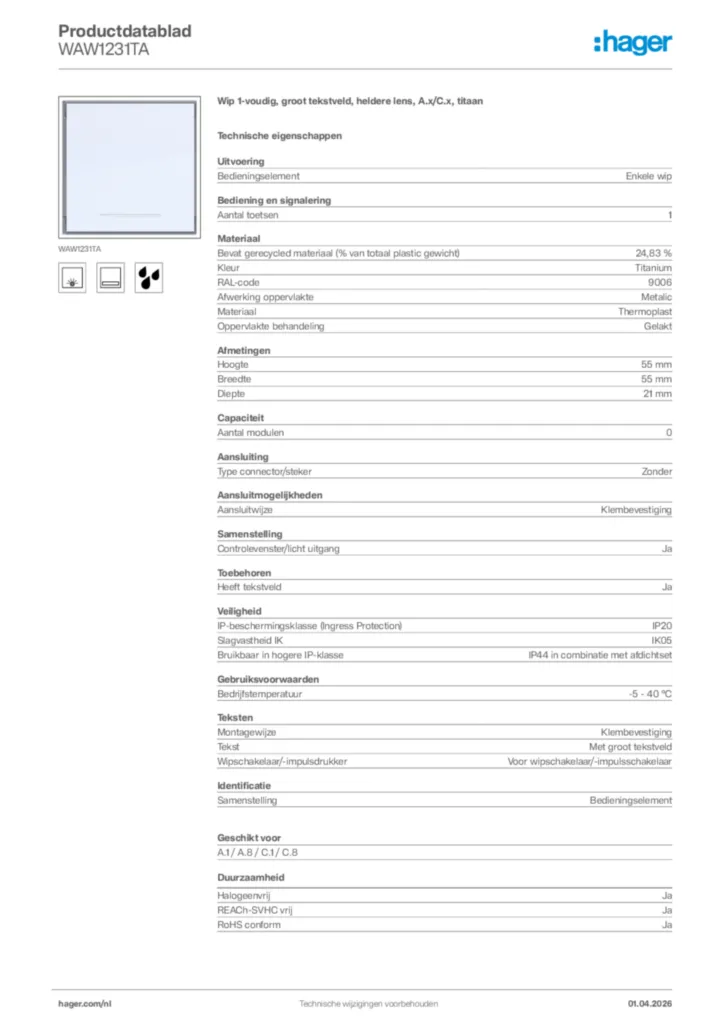 Afbeelding Hager Productdatablad WAW1231TA | Hager Nederland
