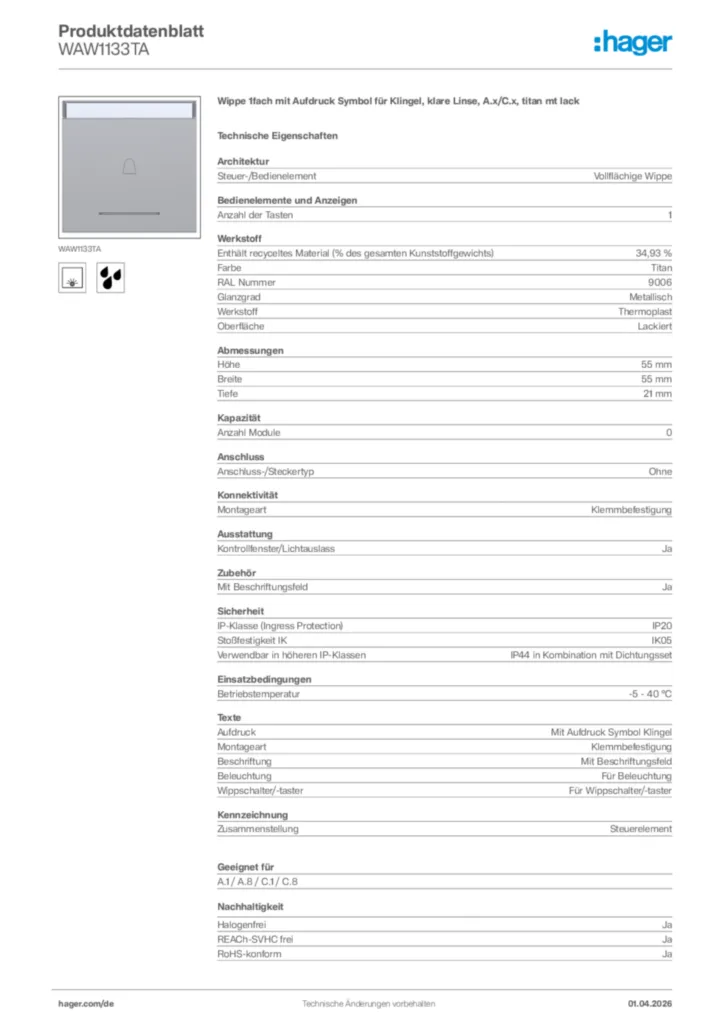 Bild Hager Produktdatenblatt WAW1133TA | Hager Deutschland