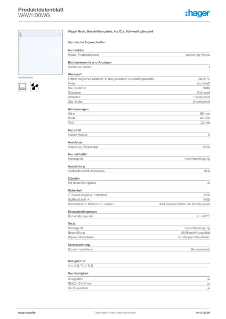 Bild Hager Produktdatenblatt WAW1100WG | Hager Deutschland