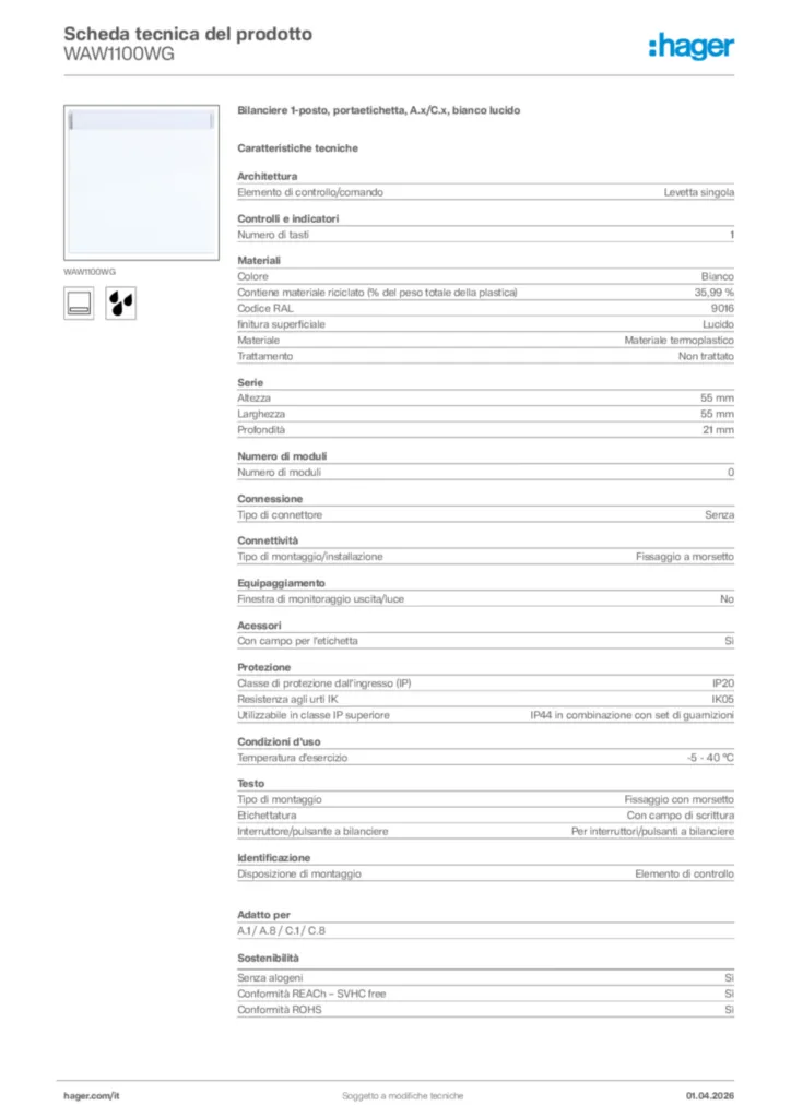 Immagine Hager Scheda tecnica del prodotto WAW1100WG | Hager Italia