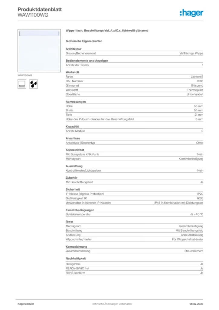 Bild Hager Produktdatenblatt WAW1100WG | Hager Deutschland