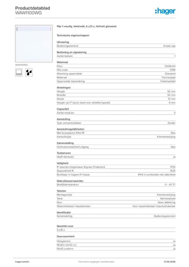 Afbeelding Hager Productdatablad WAW1100WG | Hager Nederland
