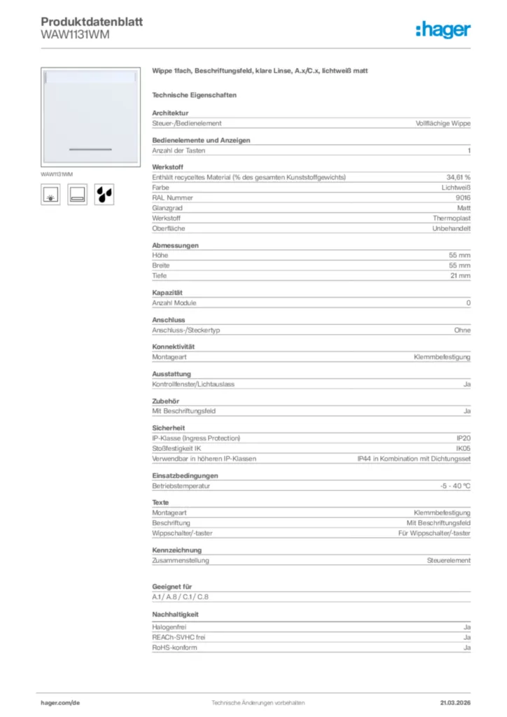 Bild Hager Produktdatenblatt WAW1131WM | Hager Deutschland