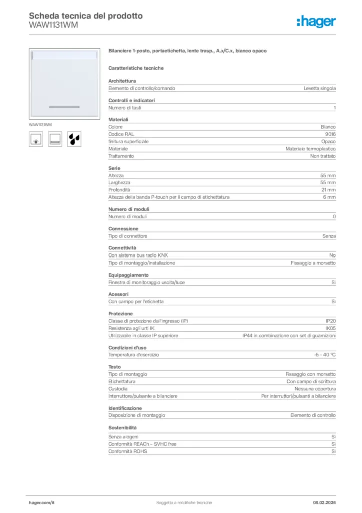 Immagine Hager Scheda tecnica del prodotto WAW1131WM | Hager Italia