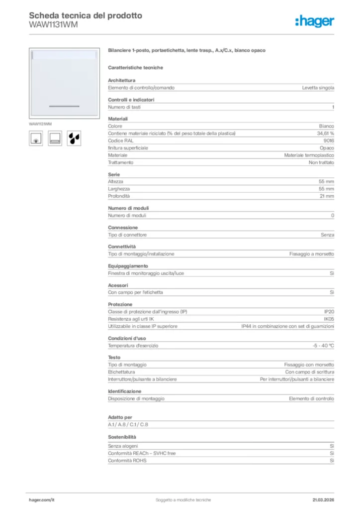 Immagine Hager Scheda tecnica del prodotto WAW1131WM | Hager Italia