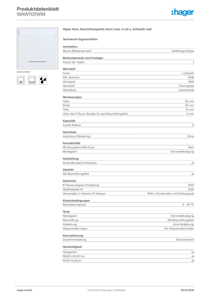 Bild Hager Produktdatenblatt WAW1131WM | Hager Deutschland