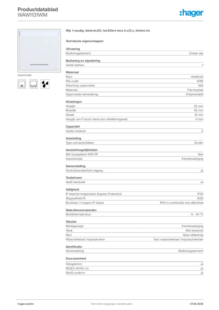 Afbeelding Hager Productdatablad WAW1131WM | Hager Nederland