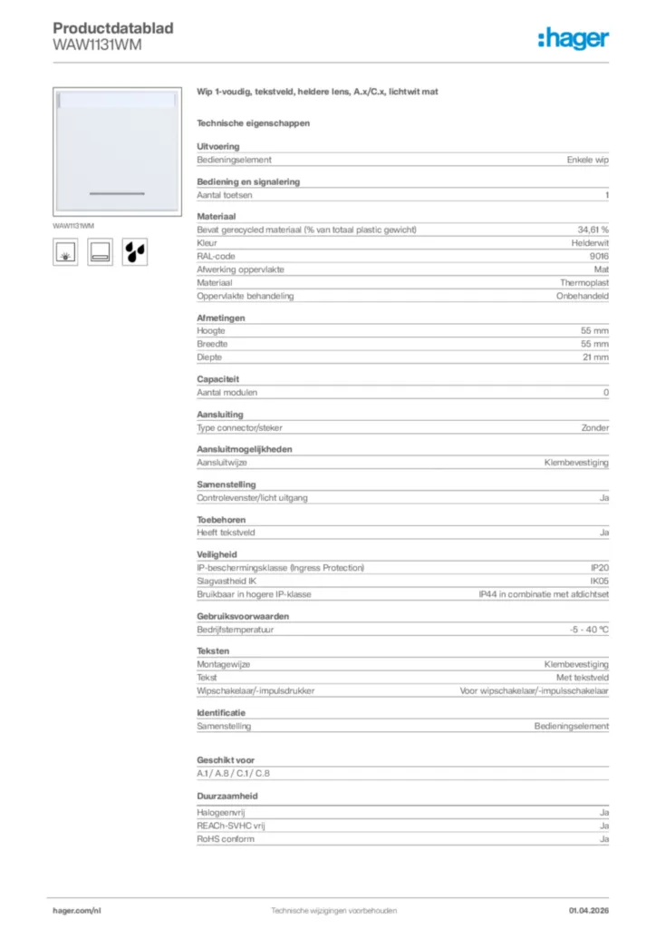Afbeelding Hager Productdatablad WAW1131WM | Hager Nederland